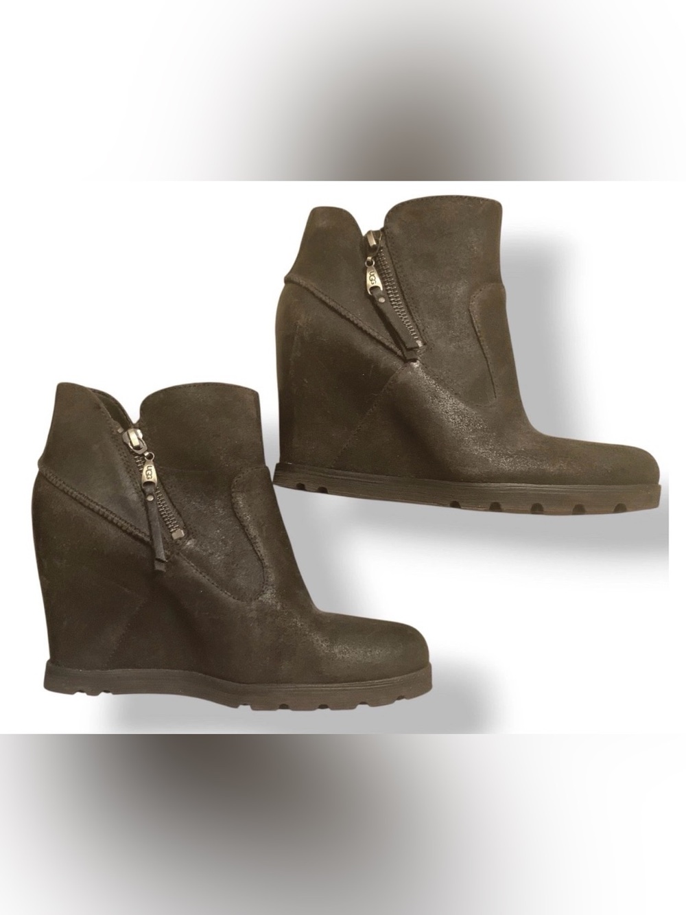UGG Dark Brown Suede Wedge Ankle Myrna Booties with Side Zipper